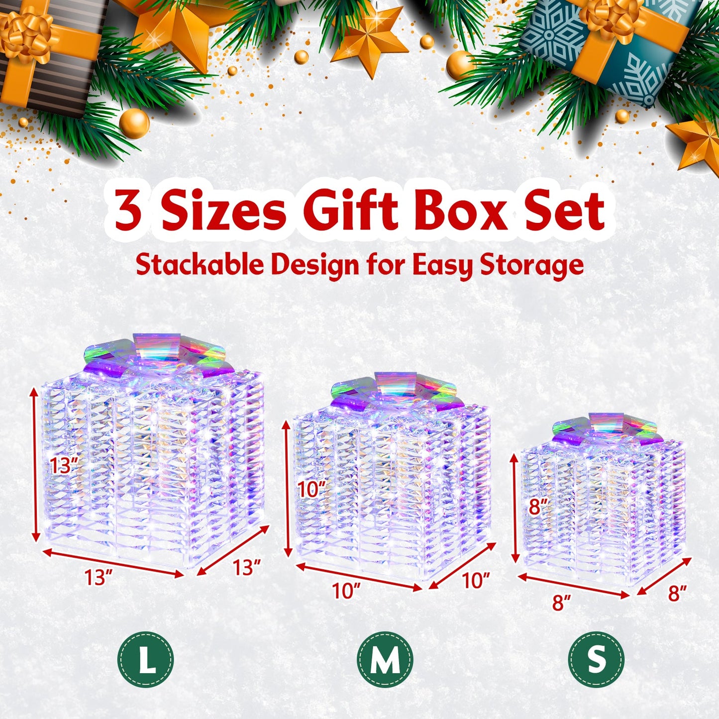 Set of 3 iridescent gift boxes with holographic bows 13, 10, and 8 DirectDeals Holiday Ornaments on Tampa Home & Garden Store