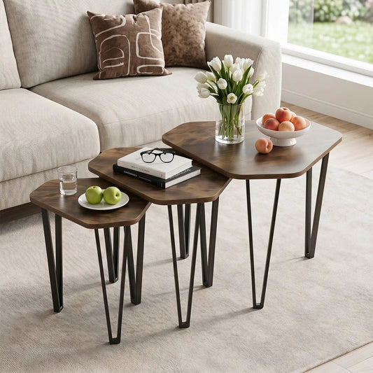 Nesting coffee tables set of 3 with rustic brown wood tops and black metal frames DirectDeals on Tampa Home & Garden Store