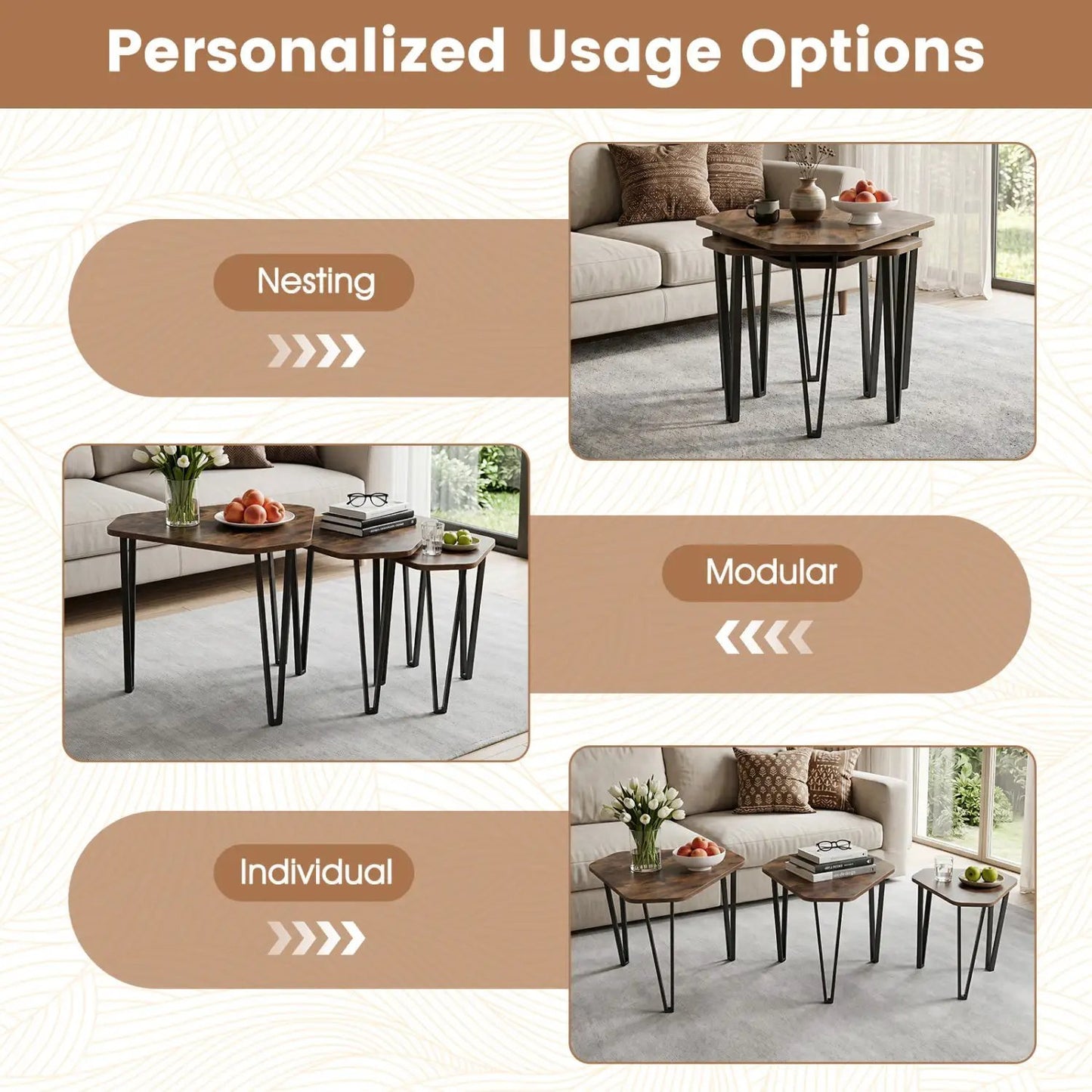 Nesting Coffee Tables Set of 3 with Metal Frames