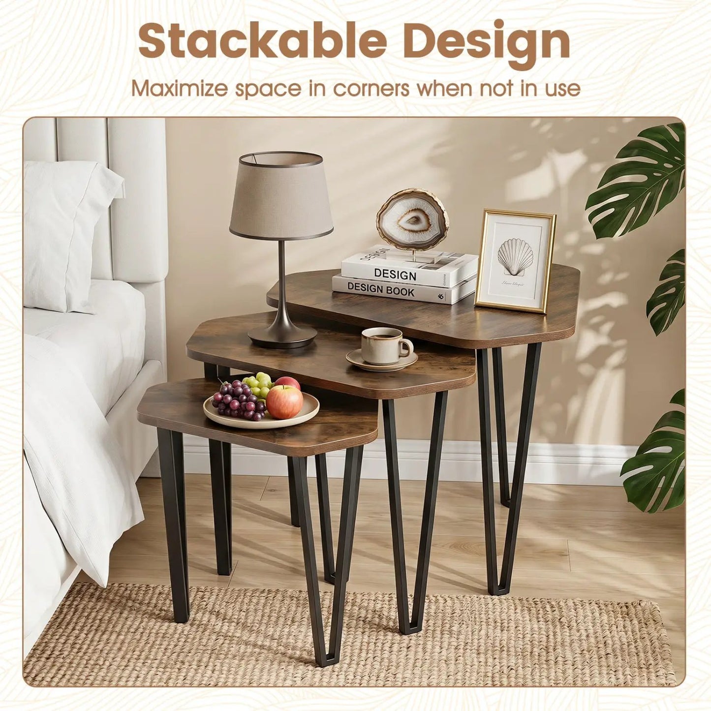Nesting Coffee Tables Set of 3 with Metal Frames