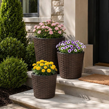 Plastic Rattan Planters Set of 3 Drainage Saucers