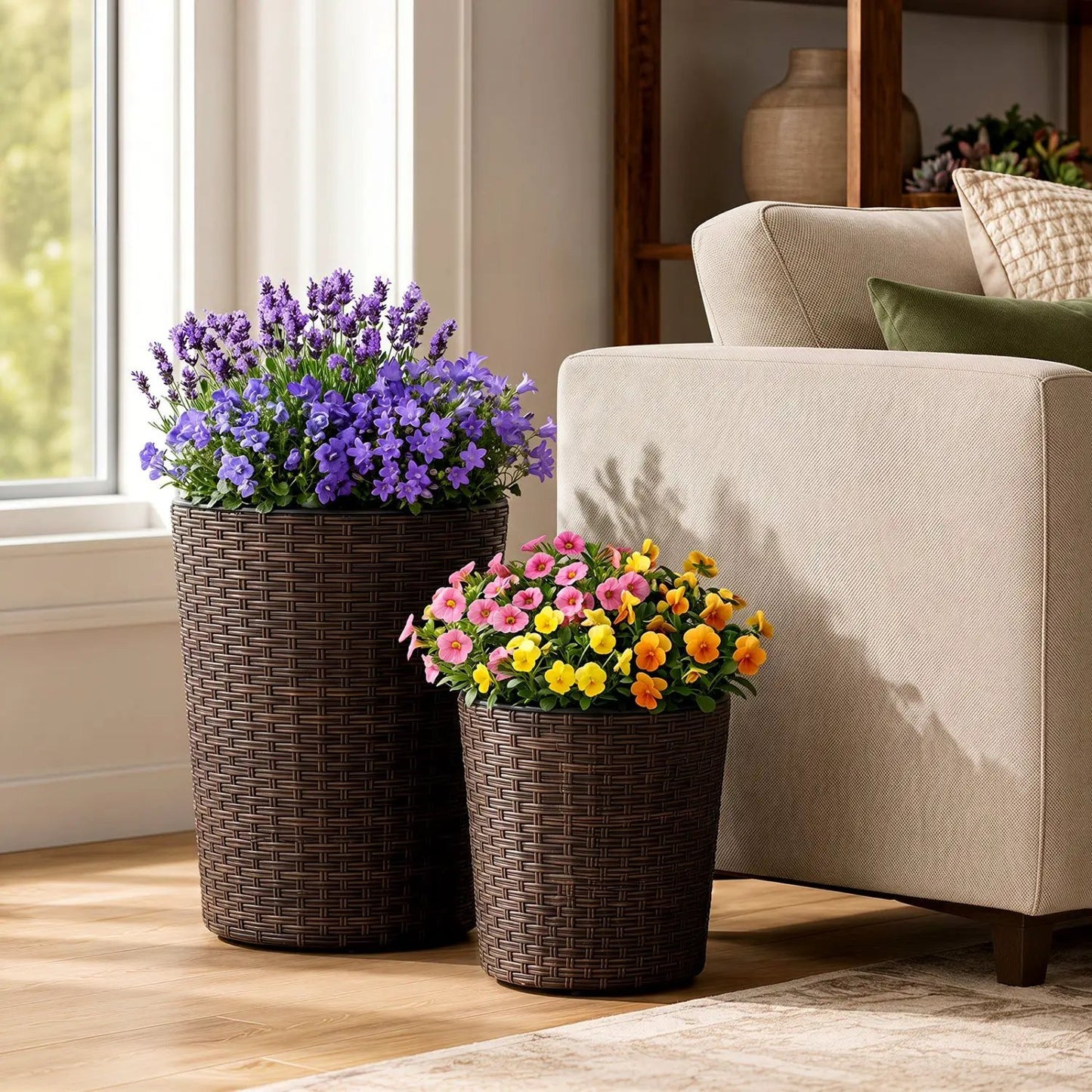 Plastic Rattan Planters Set of 3 Drainage Saucers