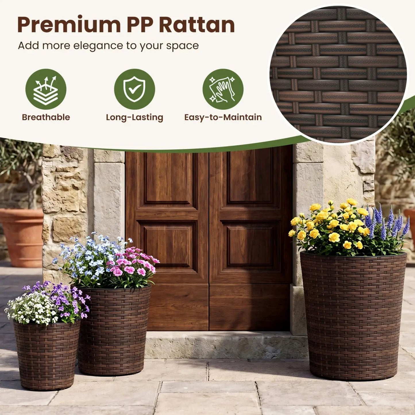Plastic Rattan Planters Set of 3 Drainage Saucers