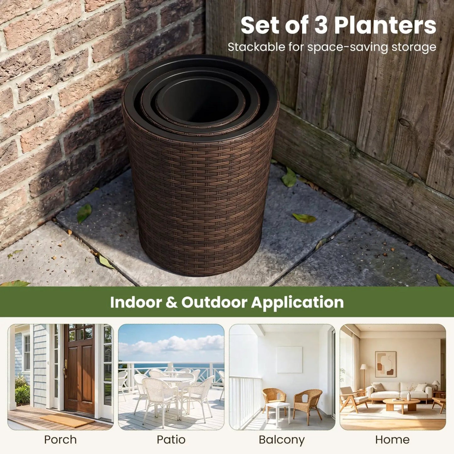 Plastic Rattan Planters Set of 3 Drainage Saucers
