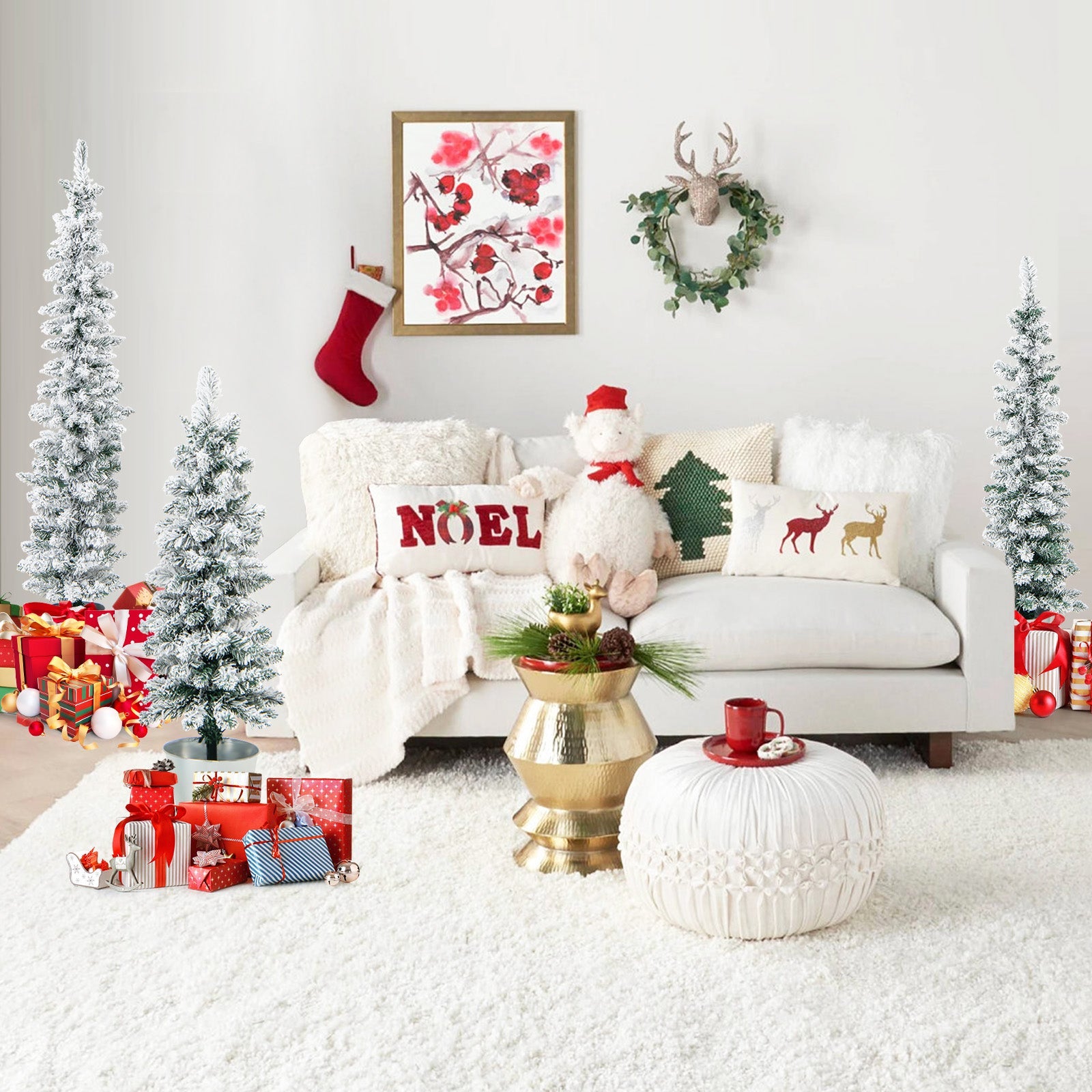 Set of 3 snow-flocked potted artificial Christmas trees in a cozy living room on Tampa Home & Garden Store