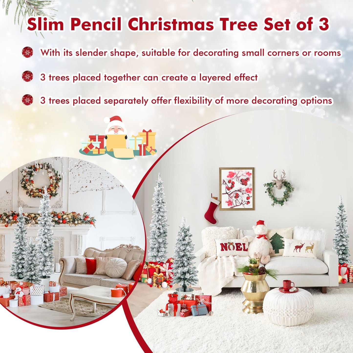 Set of 3 slim pencil Christmas trees snow-flocked in pots, DirectDeals artificial decor on Tampa Home & Garden Store