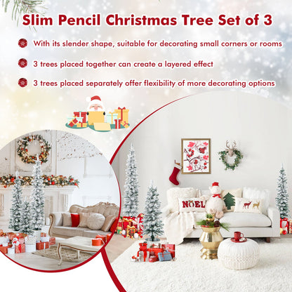 Set of 3 slim pencil Christmas trees snow-flocked in pots, DirectDeals artificial decor on Tampa Home & Garden Store
