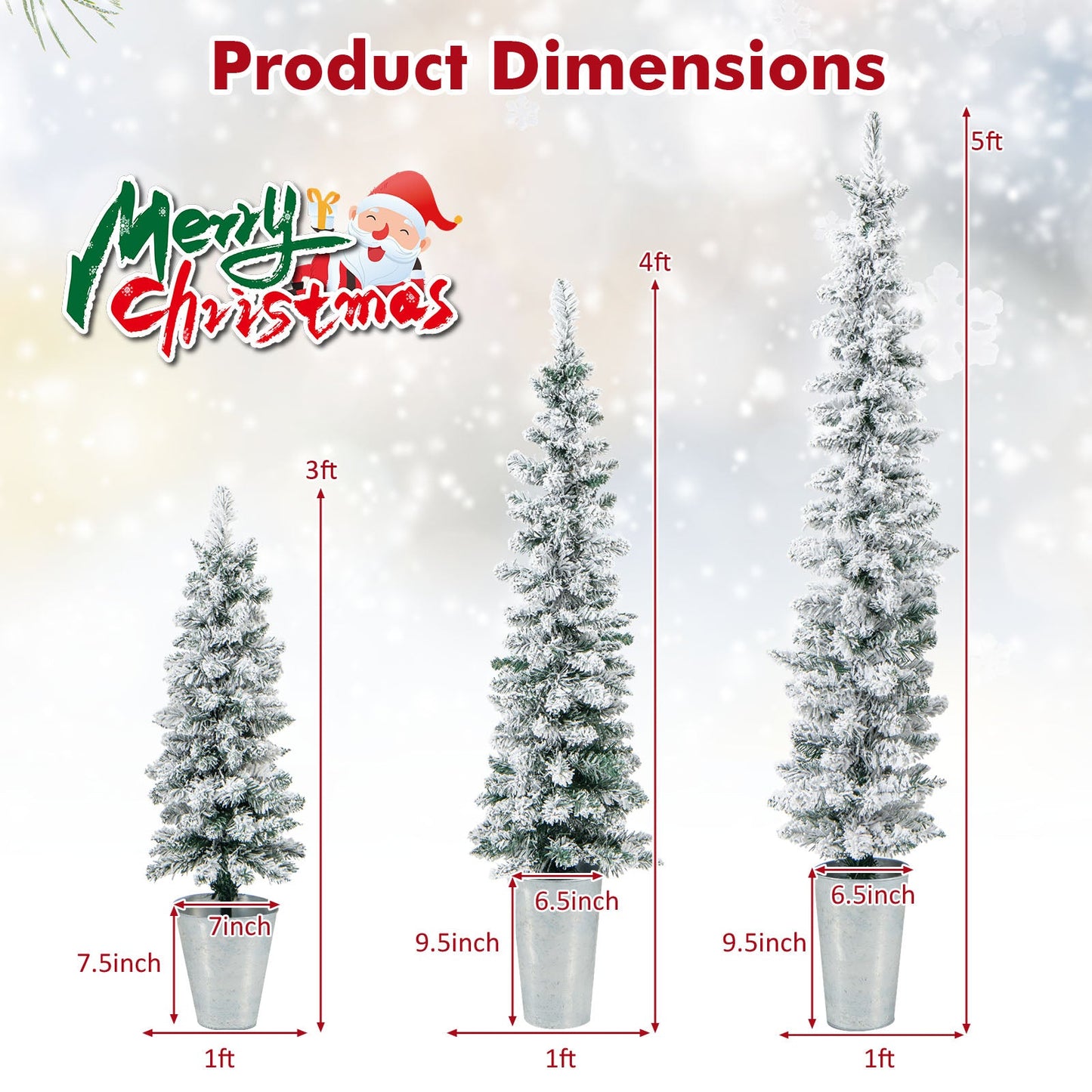 Set of 3 DirectDeals snow-flocked artificial Christmas trees in gray pots, heights 3ft, 4ft, and 5ft on Tampa Home & Garden Store