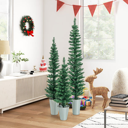 Set of 3 artificial Christmas trees in silver metal buckets, green foliage, varying heights on Tampa Home & Garden Store