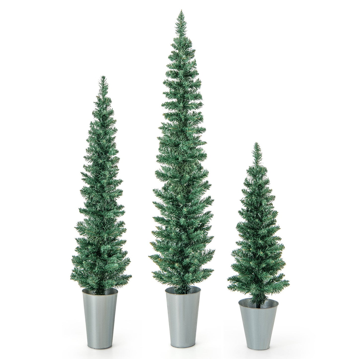 Set of 3 green potted artificial Christmas trees in silver metal buckets on Tampa Home & Garden Store