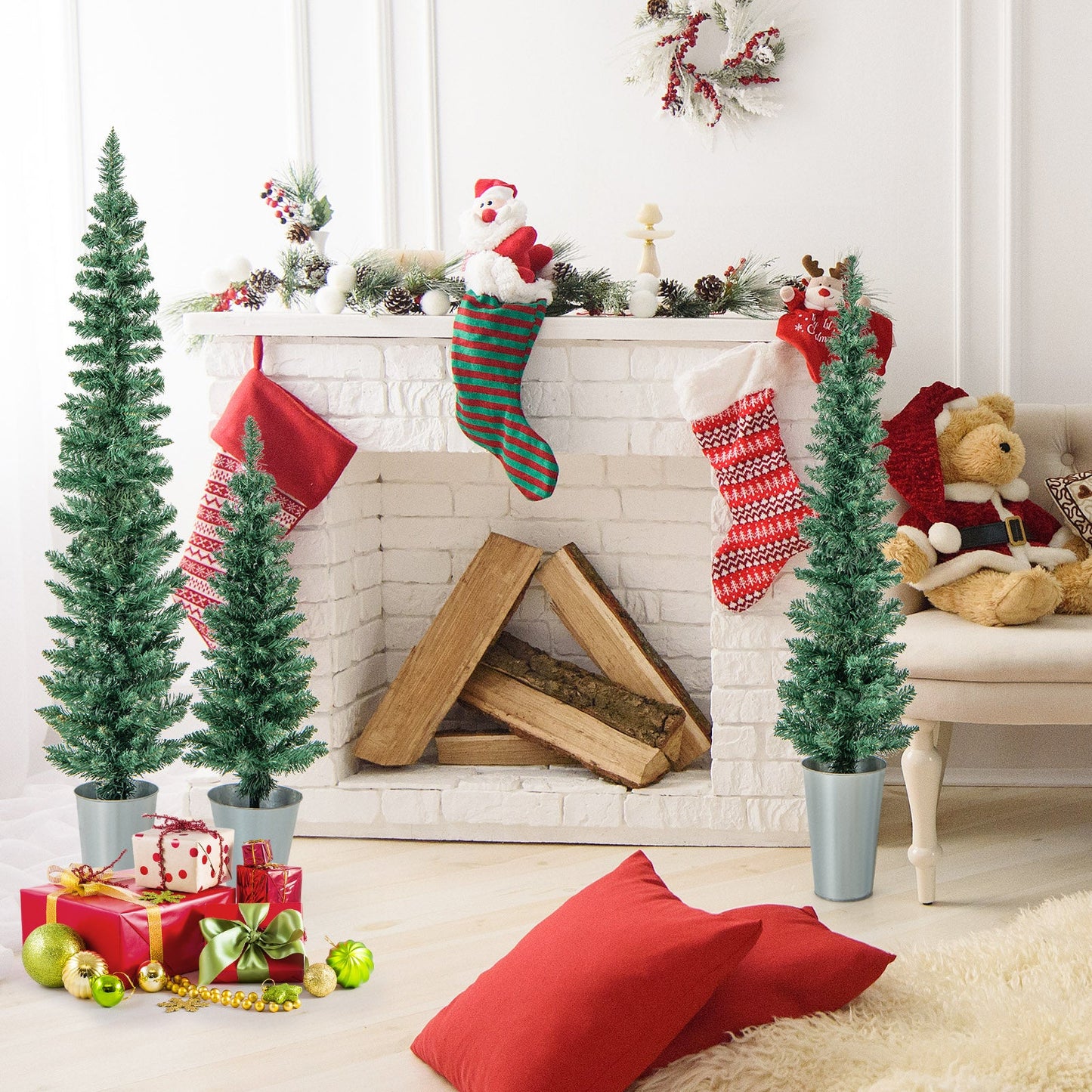 Set of 3 DirectDeals potted artificial Christmas trees in silver metal buckets on Tampa Home & Garden Store