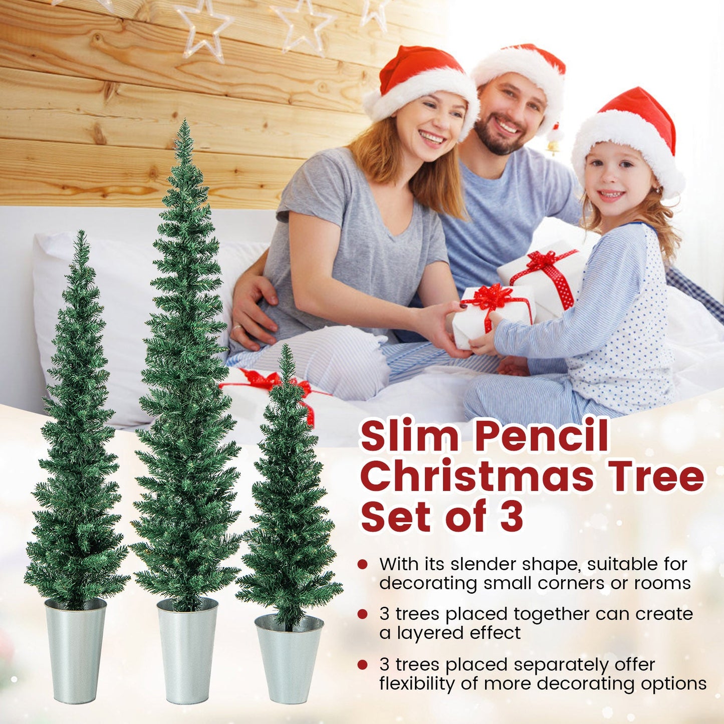 DirectDeals Set of 3 slim pencil artificial Christmas trees in silver metal buckets, evergreens on Tampa Home & Garden Store
