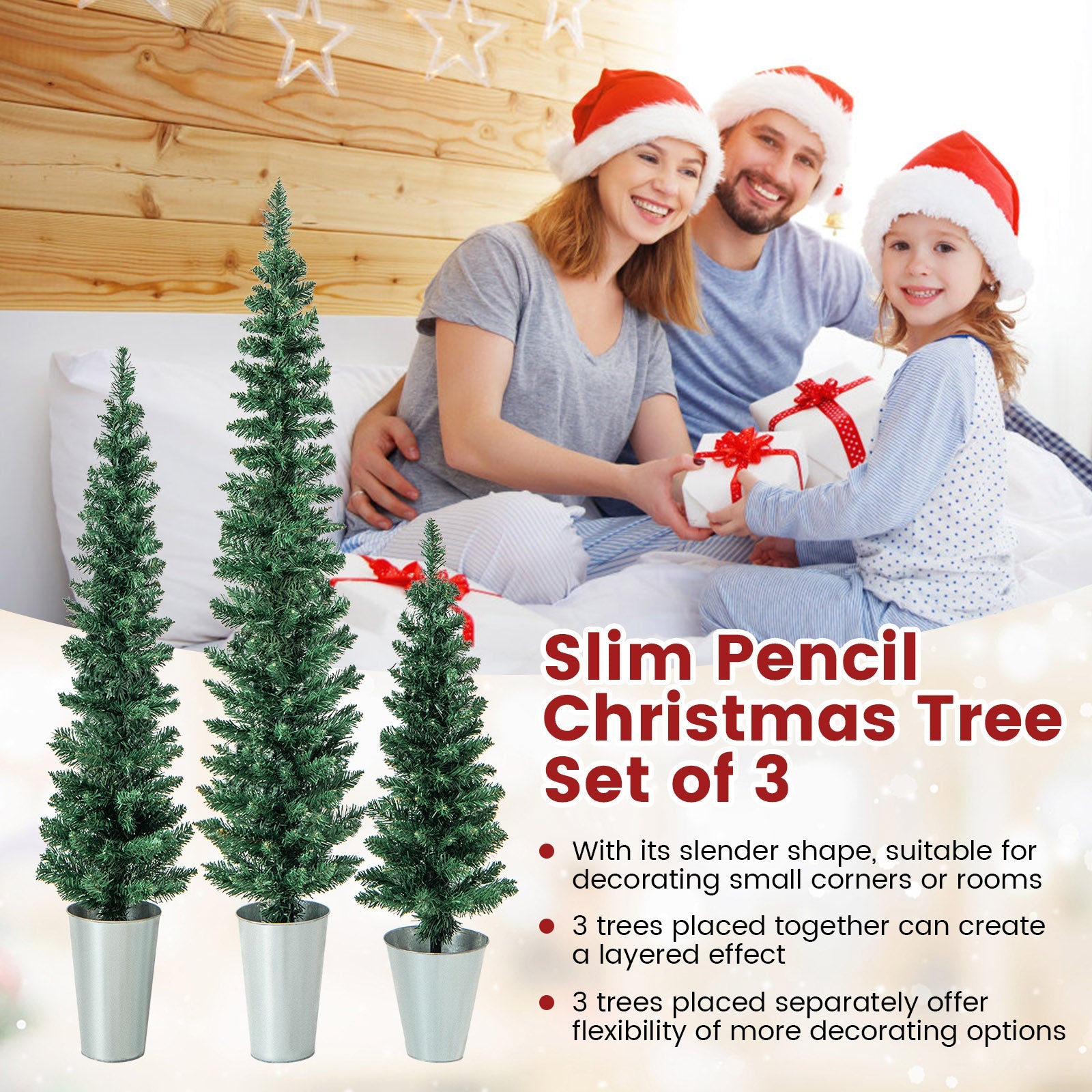 DirectDeals Set of 3 slim pencil artificial Christmas trees in silver metal buckets, evergreens on Tampa Home & Garden Store