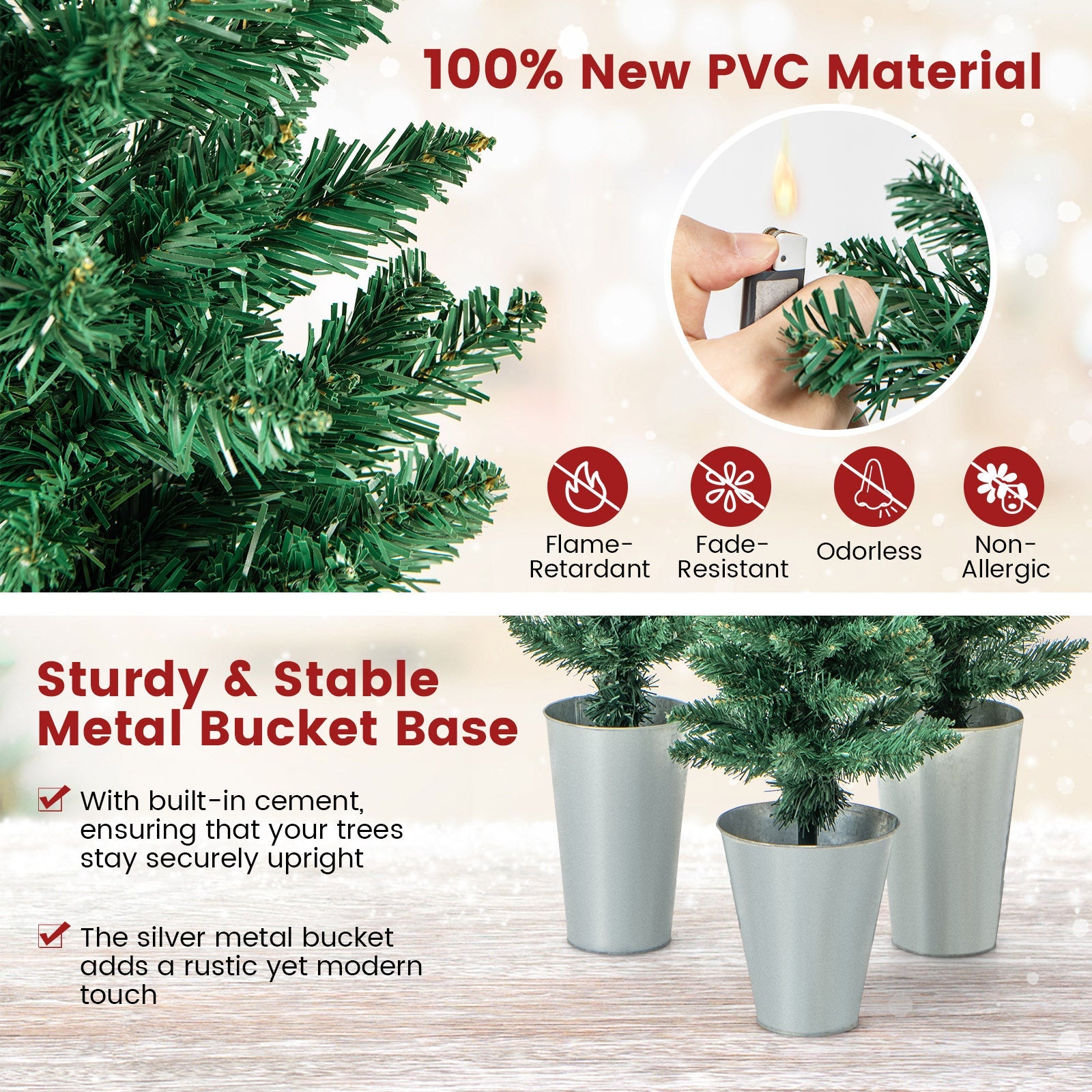 Set of 3 DirectDeals artificial Christmas trees in silver metal buckets with green PVC branches on Tampa Home & Garden Store