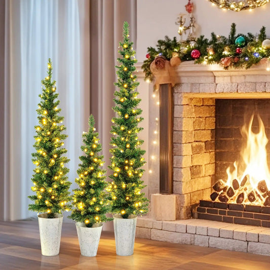 Set of 3 DirectDeals green artificial Christmas trees with warm white LED lights in gray pots on Tampa Home & Garden Store