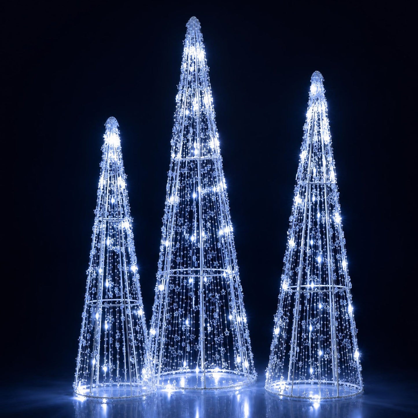 DirectDeals Pre-Lit Christmas Cone Trees set of 3 with cold white lights on metal frames on Tampa Home & Garden Store