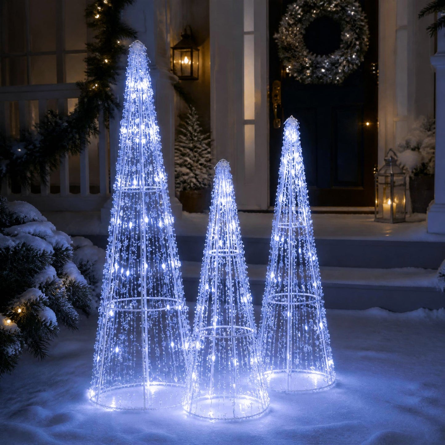 Pre-Lit Christmas Cone Trees set of 3 with cold white LED lights, wireframe outdoor decor by DirectDeals on Tampa Home & Garden Store