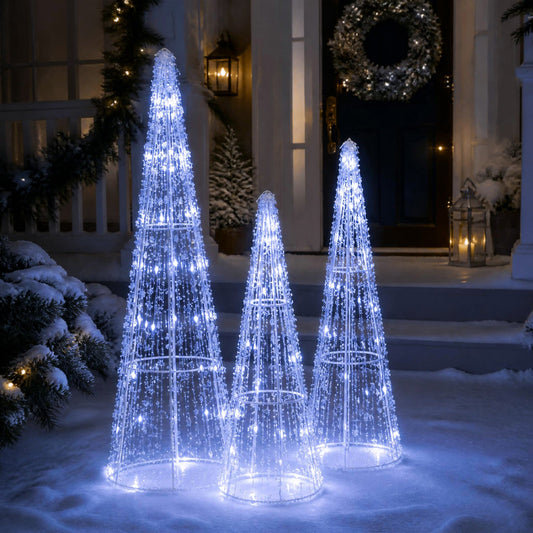 Pre-Lit Christmas Cone Trees set of 3 with cold white LED lights, wireframe outdoor decor by DirectDeals on Tampa Home & Garden Store