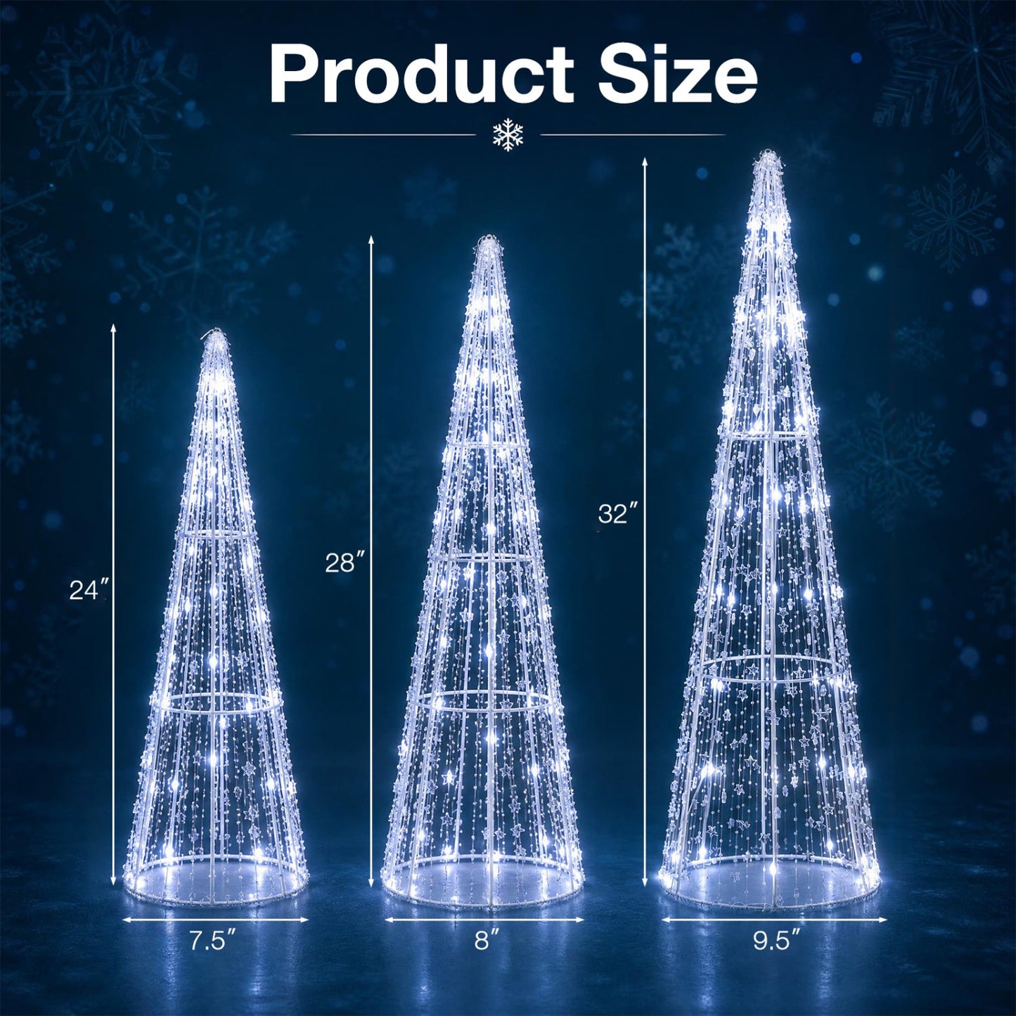 Pre-Lit Christmas Cone Trees set of 3 with cold white LED lights, heights 24, 28, 32 in, DirectDeals on Tampa Home & Garden Store