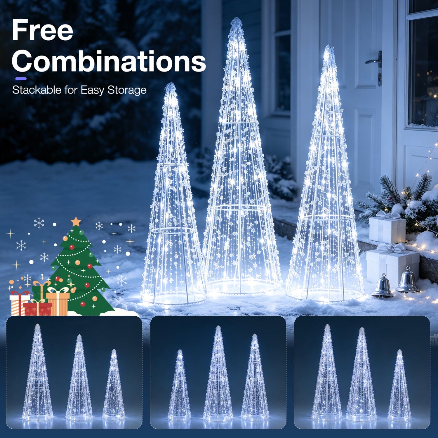 Christmas Cone Trees set of 3 by DirectDeals, pre-lit with cold white lights on Tampa Home & Garden Store