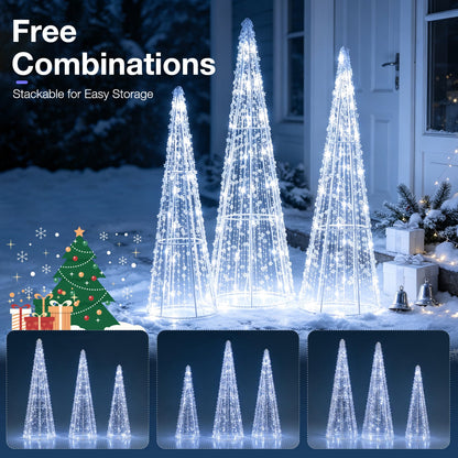 Christmas Cone Trees set of 3 by DirectDeals, pre-lit with cold white lights on Tampa Home & Garden Store