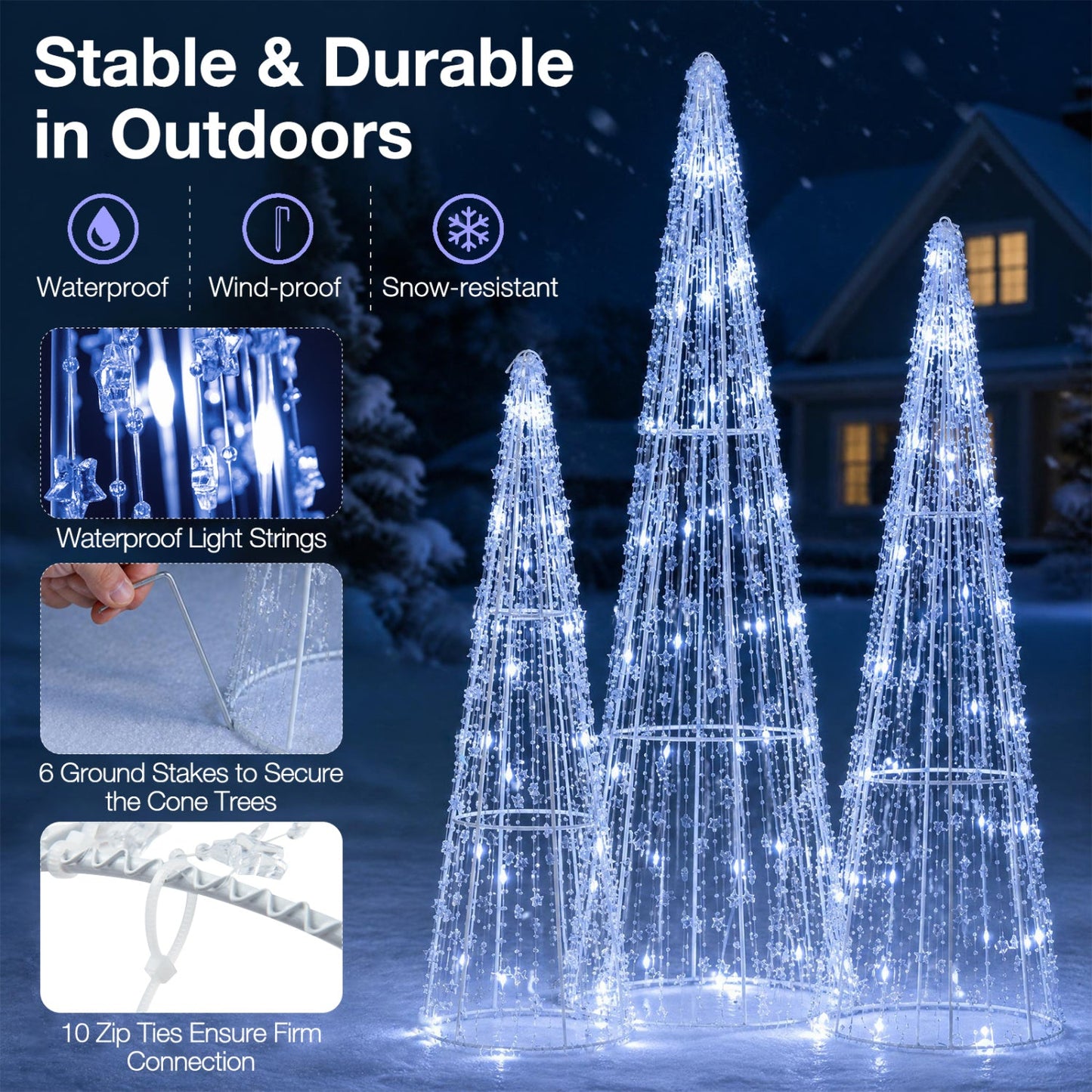DirectDeals Pre-Lit Christmas Cone Trees set of 3 with cold white lights for display on Tampa Home & Garden Store