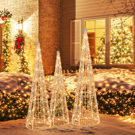 Set of 3 PreLit Christmas Cone Trees and Stars