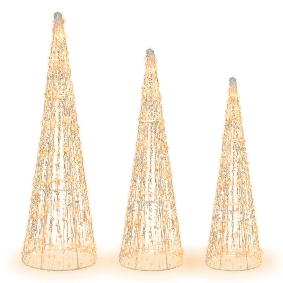 Set of 3 DirectDeals pre-lit cone Christmas trees with star strings, gold wire frames on Tampa Home & Garden Store