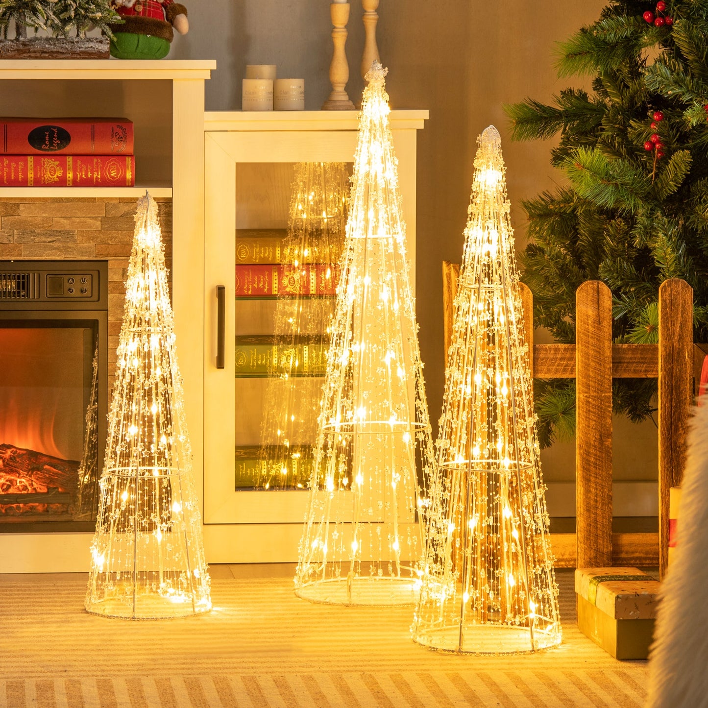 Set of 3 DirectDeals pre-lit cone Christmas trees with star string lights, warm white glow on Tampa Home & Garden Store