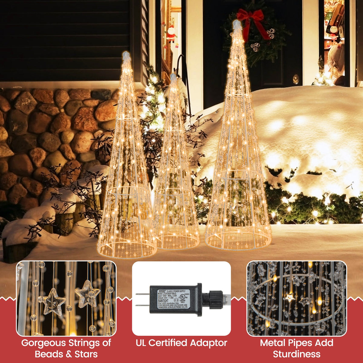 Set of 3 pre-lit Christmas cone trees with star string lights in warm white by DirectDeals on Tampa Home & Garden Store
