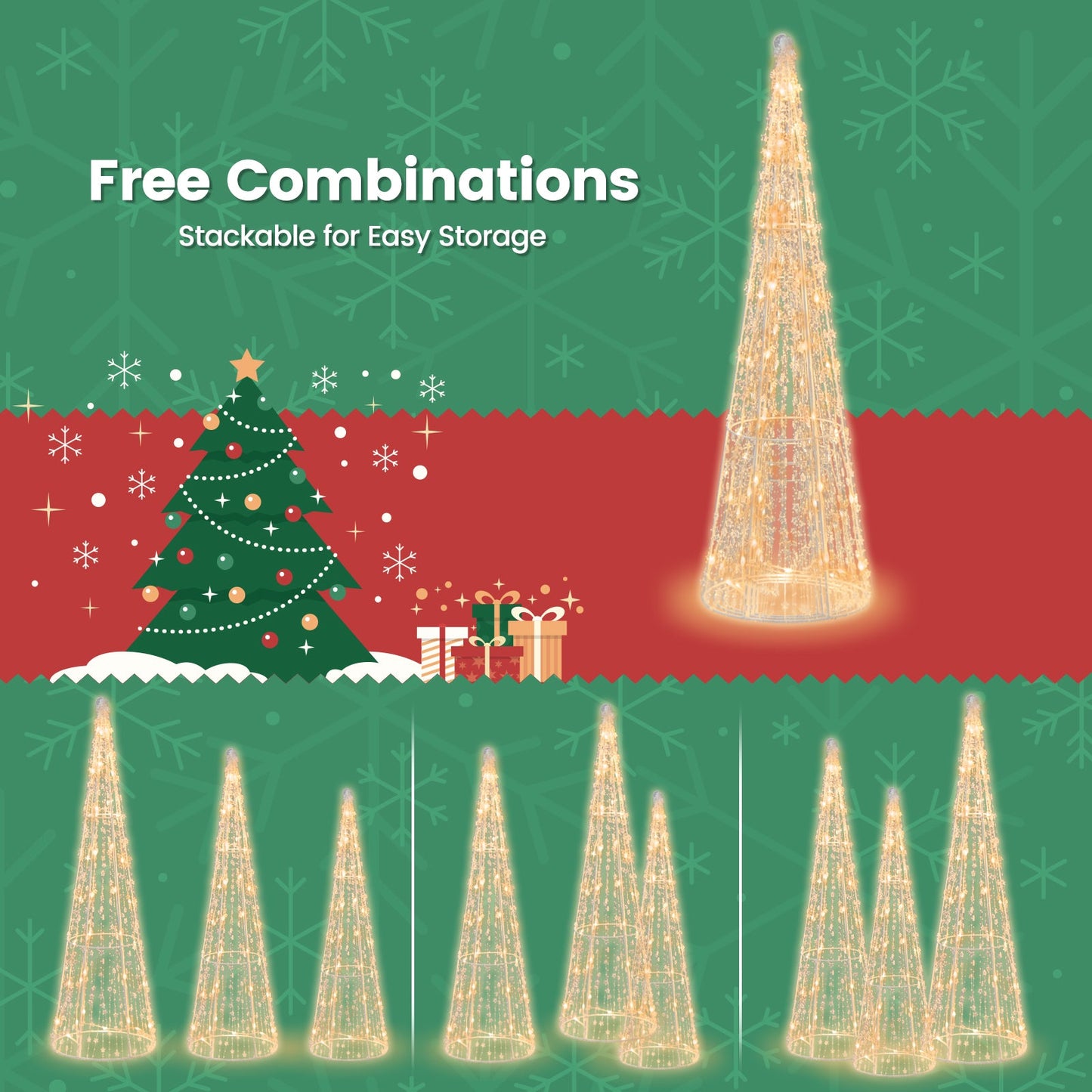 Set of 3 DirectDeals pre-lit Christmas cone trees with star-string lights in warm glow on Tampa Home & Garden Store