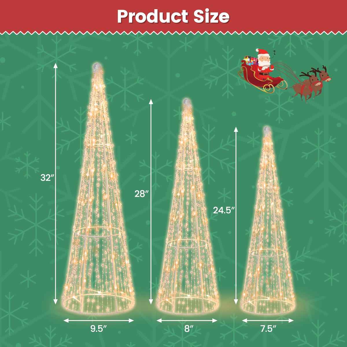 Set of 3 pre-lit cone Christmas trees with star string lights, heights 32, 28, 24.5 in on Tampa Home & Garden Store