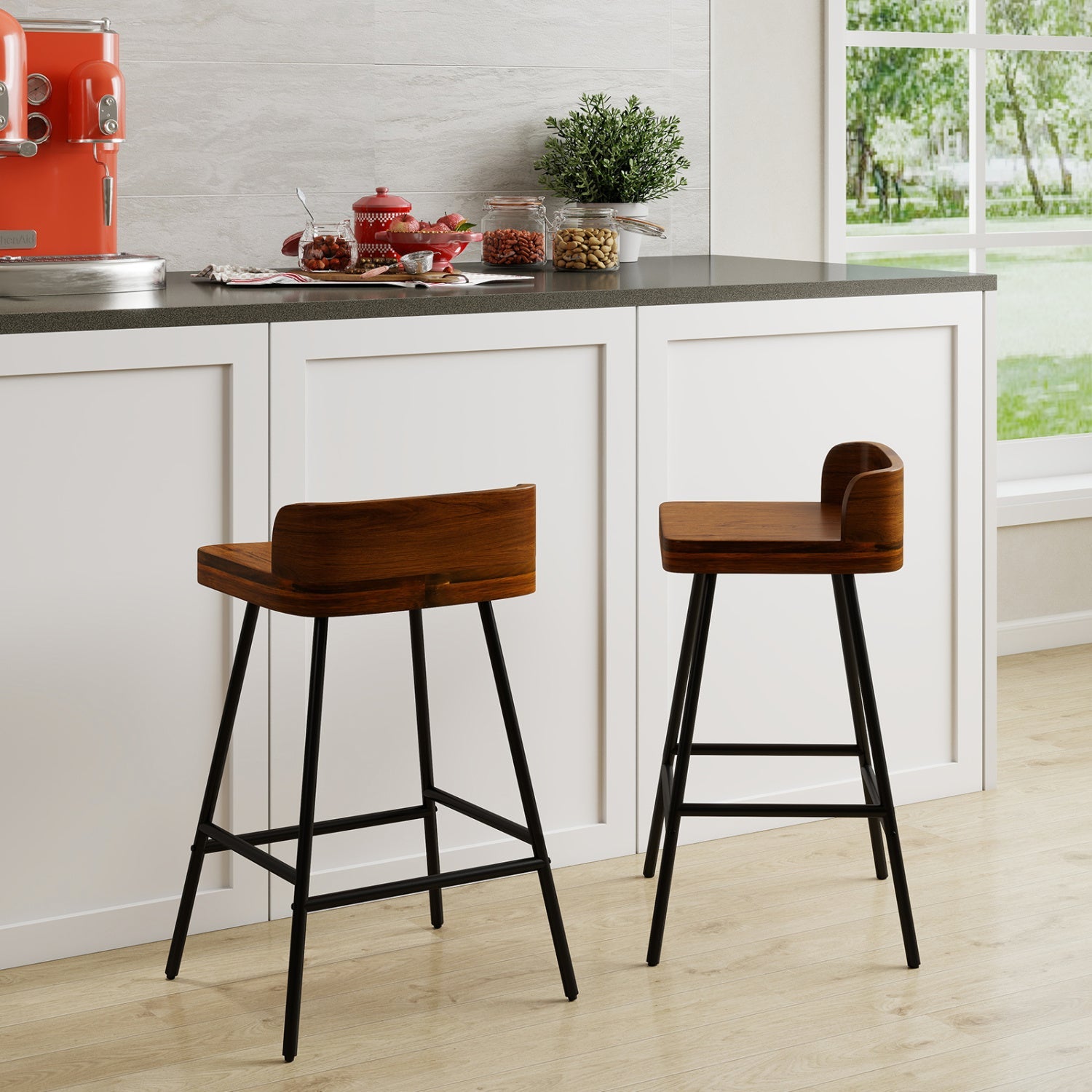 24in industrial bar stool with low back, wood seat and black metal legs set of 4 on Tampa Home & Garden Store