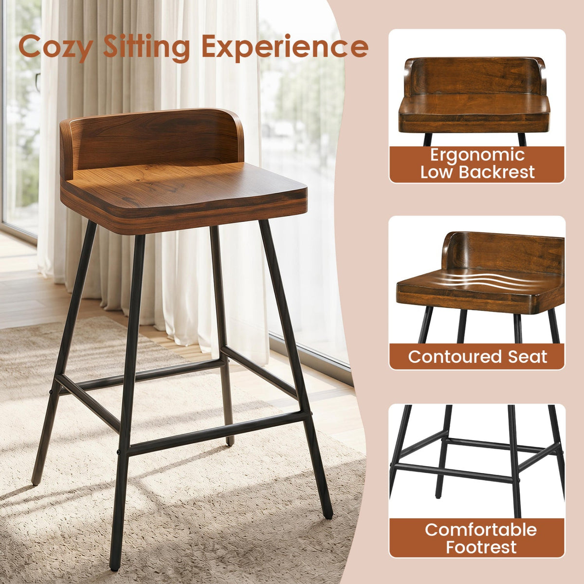 24-inch bar stool low back, wood seat, black metal legs set of 4 on Tampa Store on Tampa Home & Garden Store