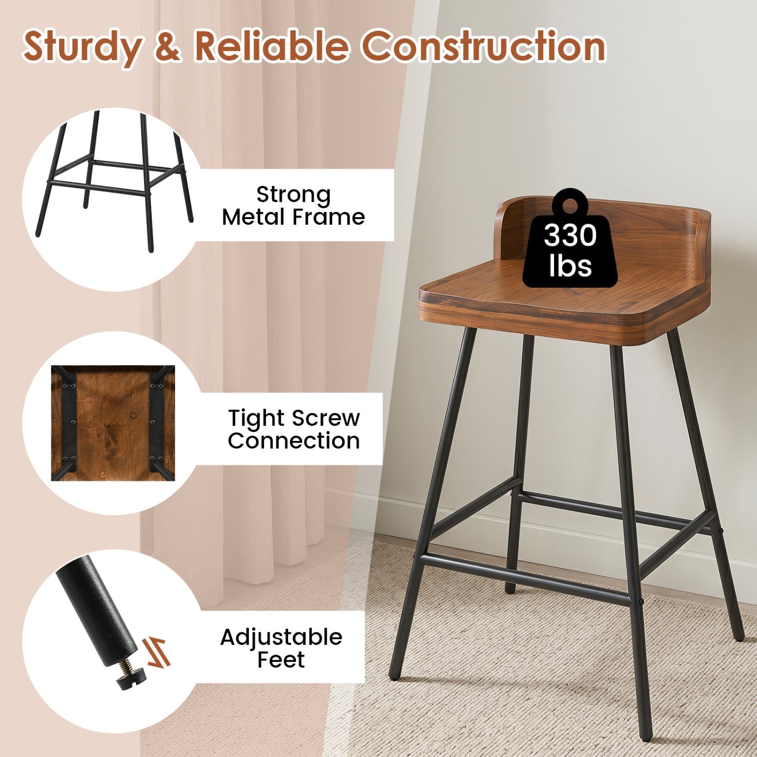 Bar Stool DirectDeals 24in industrial low-back, wood seat, black metal legs set of 4 on Tampa Home & Garden Store