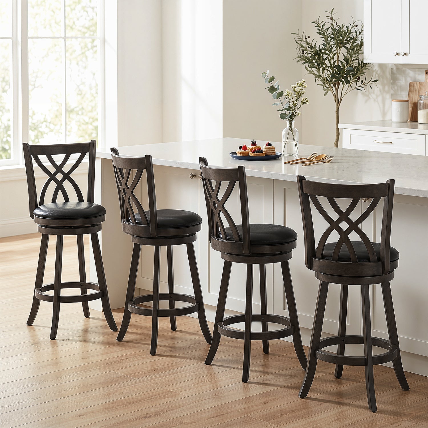 Counter height bar stools set of 4 with swivel seats dark brown wood and black cushioned seats on Tampa Home & Garden Store