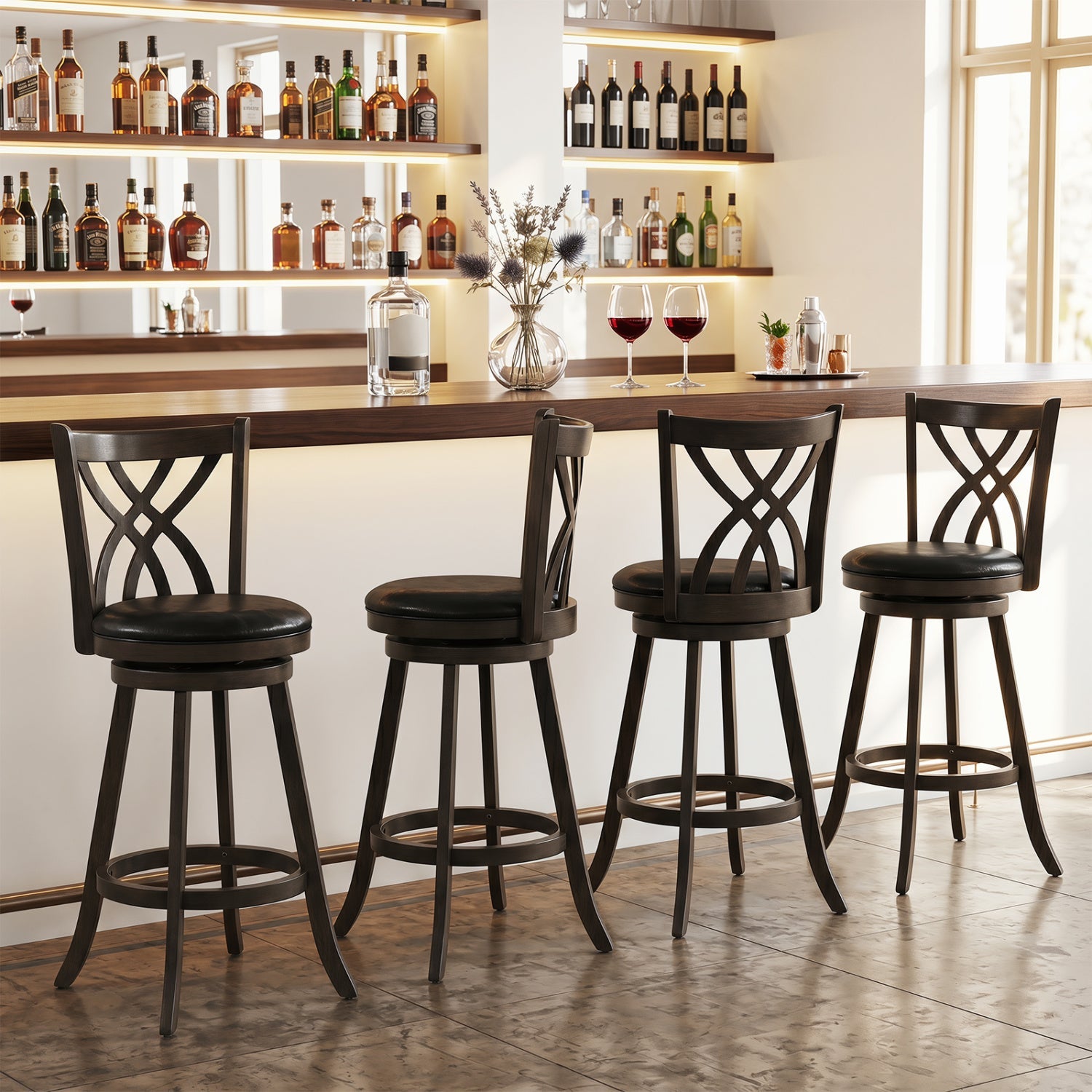 Counter height bar stools set of 4 with swivel seats, dark wood frames and crossback design on Tampa Home & Garden Store