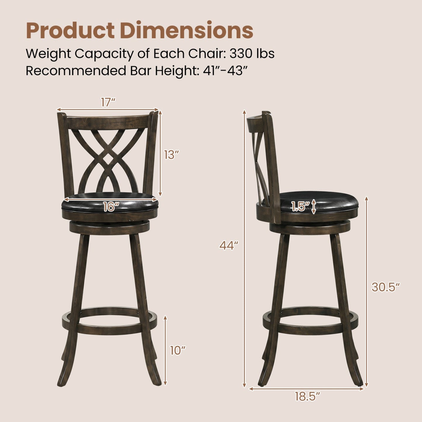 Counter-height bar stools set of 4 with swivel seats, dark wood, black cushions, X-back on Tampa Home & Garden Store