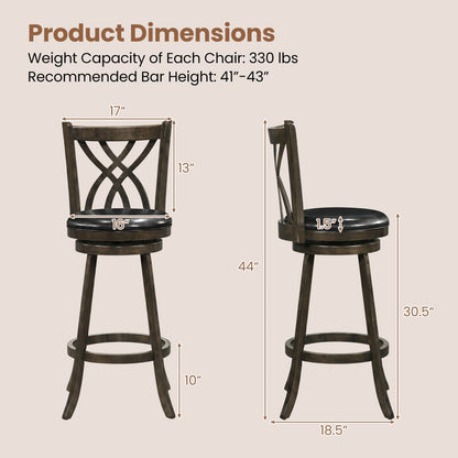 Counter-height bar stools set of 4 with swivel seats, dark wood, black cushions, X-back on Tampa Home & Garden Store