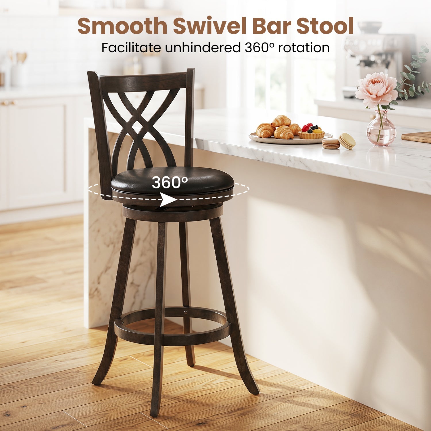 Counter Height Bar Stool with swivel seat in dark wood 360° rotation on Tampa Home & Garden Store