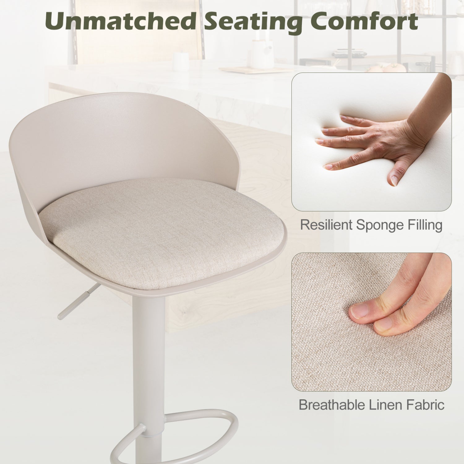 Bar stools set of 4, adjustable swivel with backrest and footrest, beige linen fabric on Tampa Home & Garden Store