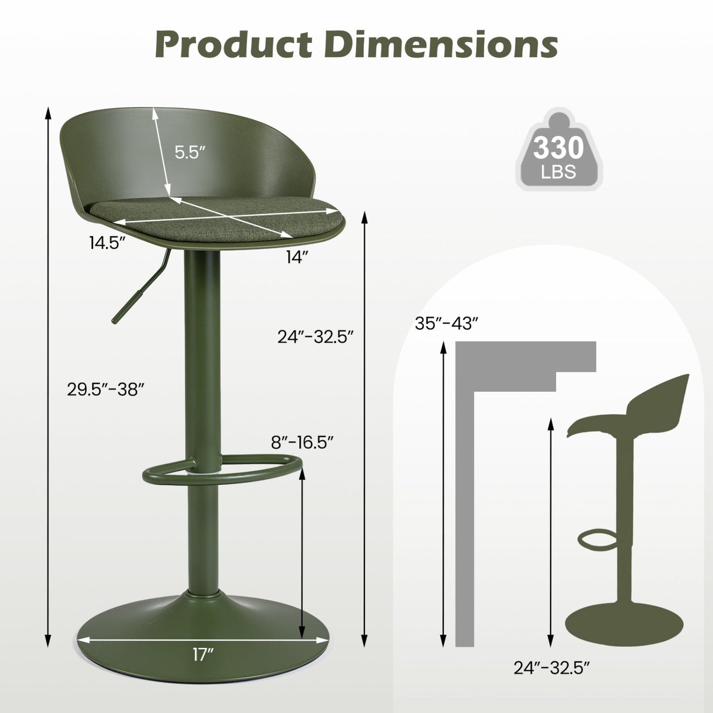 Bar Stools DirectDeals adjustable swivel set of 4 with back and footrest in olive green on Tampa Home & Garden Store