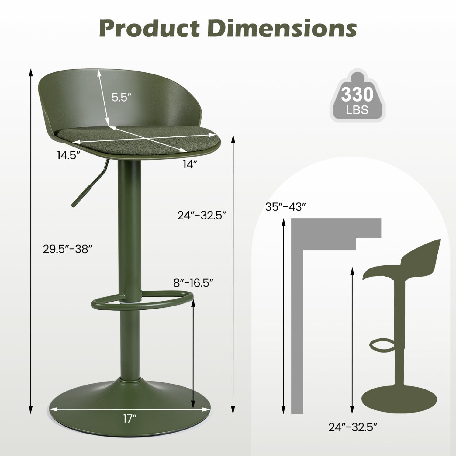 Bar Stools DirectDeals adjustable swivel set of 4 with back and footrest in olive green on Tampa Home & Garden Store