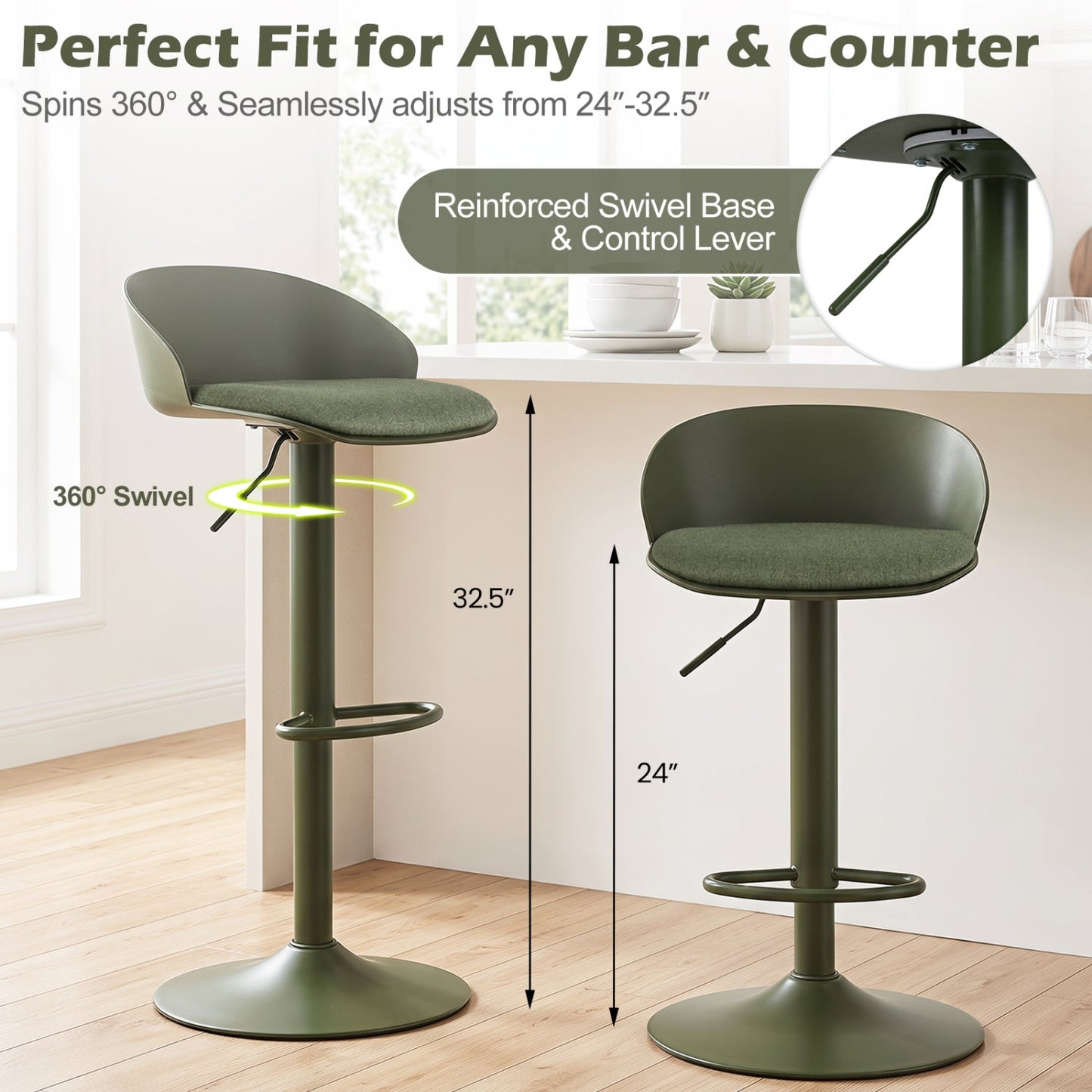 Bar stools DirectDeals adjustable swivel set of 4 with green padded seats backs and footrests on Tampa Home & Garden Store