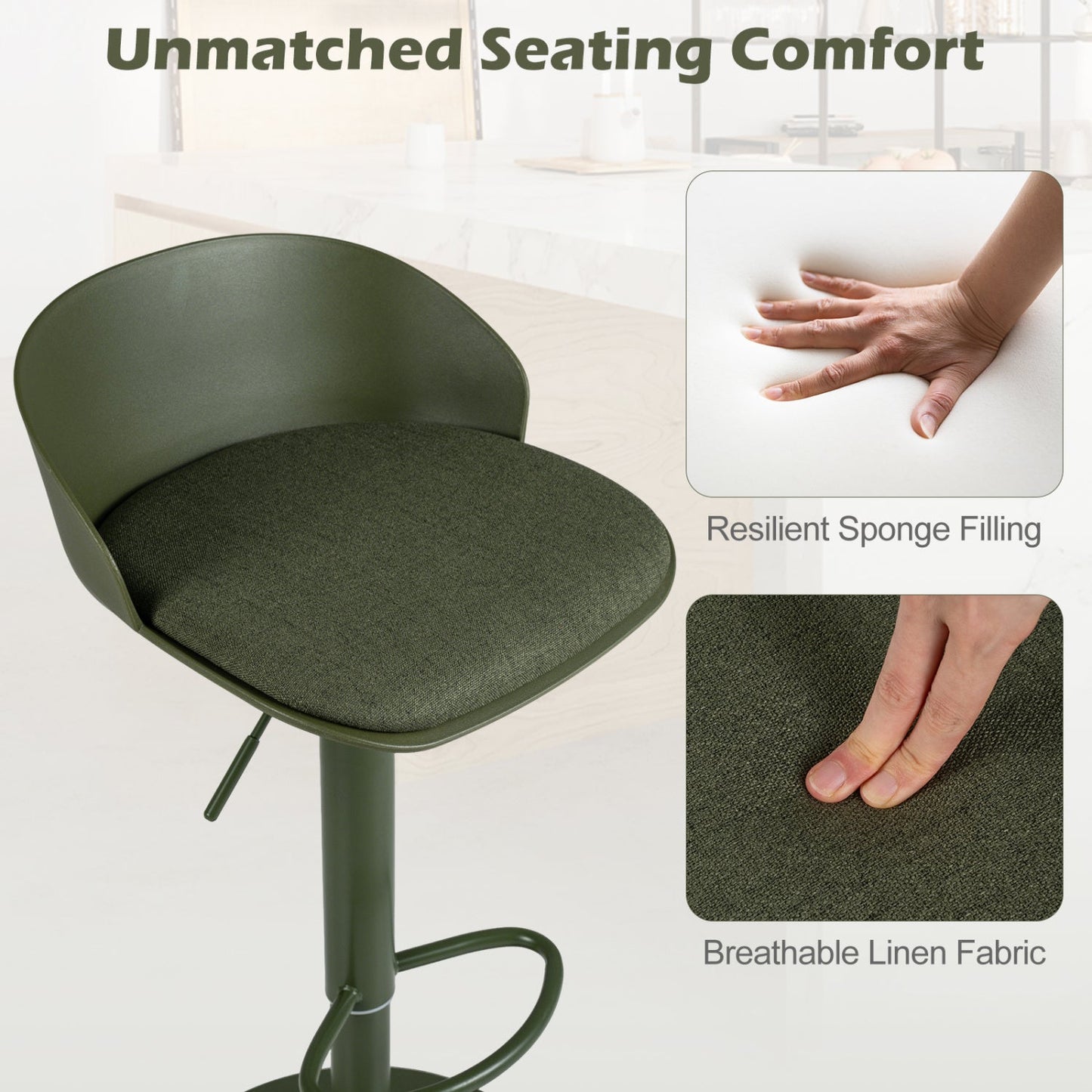 Set of 4 adjustable swivel bar stools in olive green linen fabric with back and footrest DirectDeals on Tampa Home & Garden Store