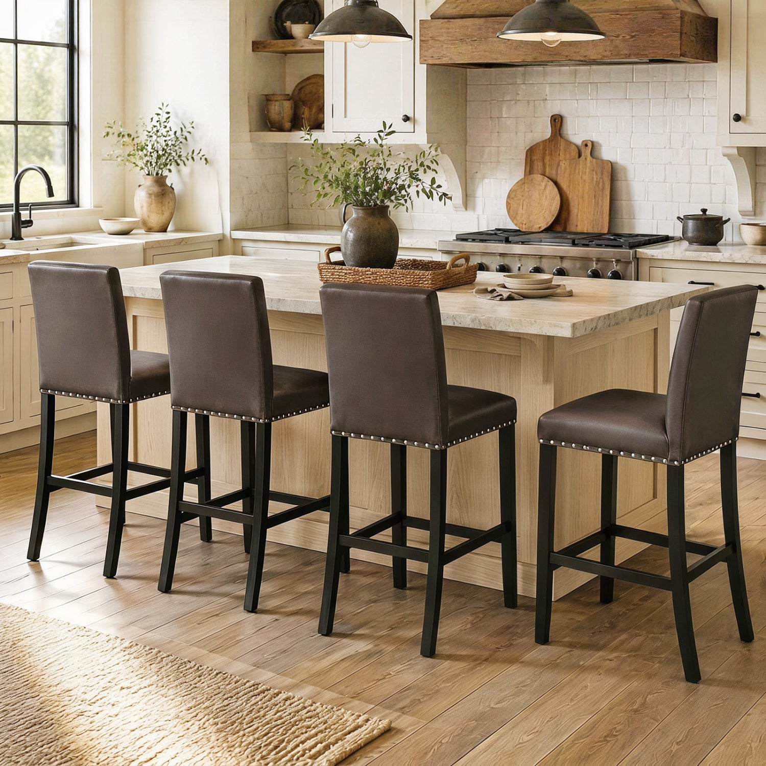 Bar stools with back, brown upholstered counter-height, 4 stools, black legs, nailhead trim on Tampa Home & Garden Store