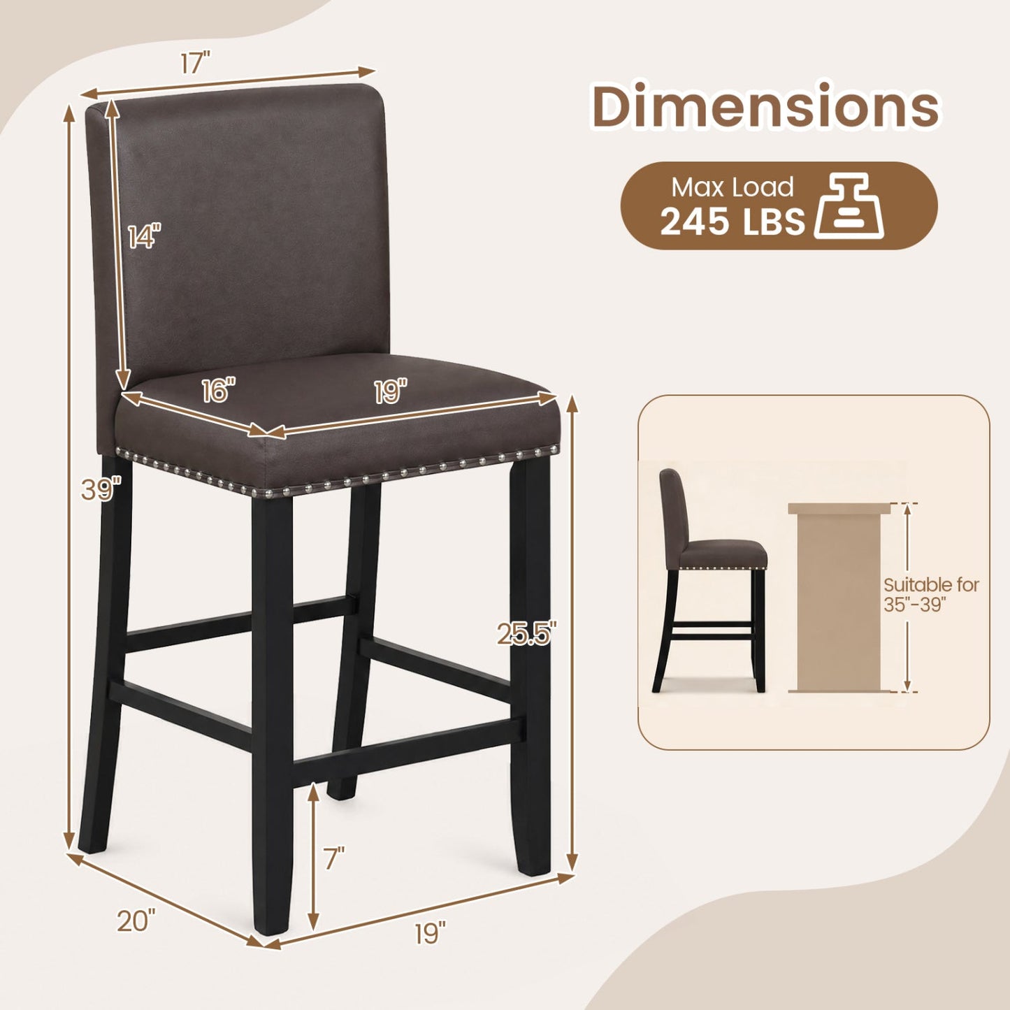 Bar Stools with Back, brown upholstery, counter height set of 4 by DirectDeals on Tampa Home & Garden Store