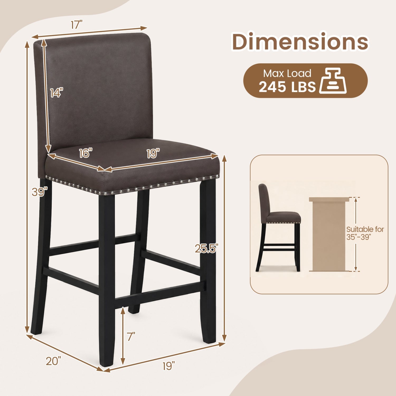 Bar Stools with Back, brown upholstery, counter height set of 4 by DirectDeals on Tampa Home & Garden Store