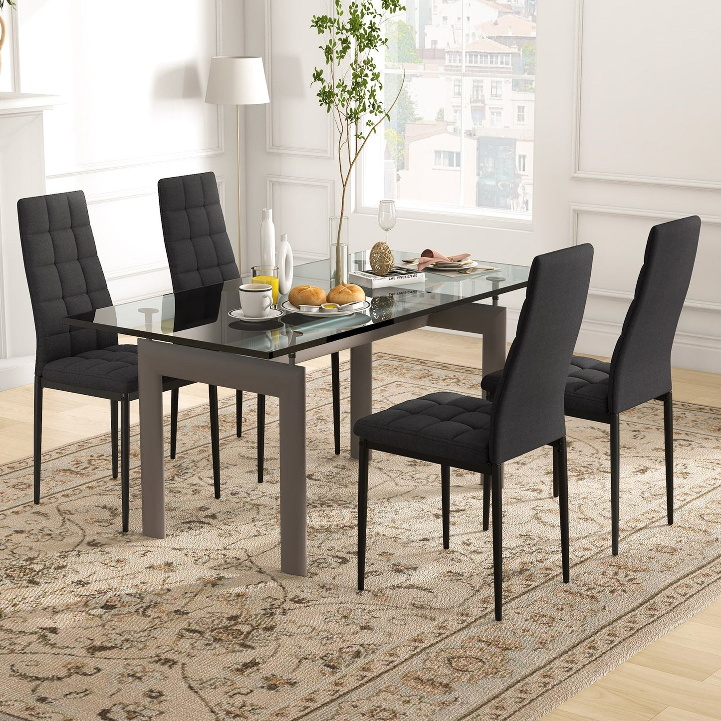 Juego de 4 sillas de comedor de tela con asiento tapizado y respaldo alto