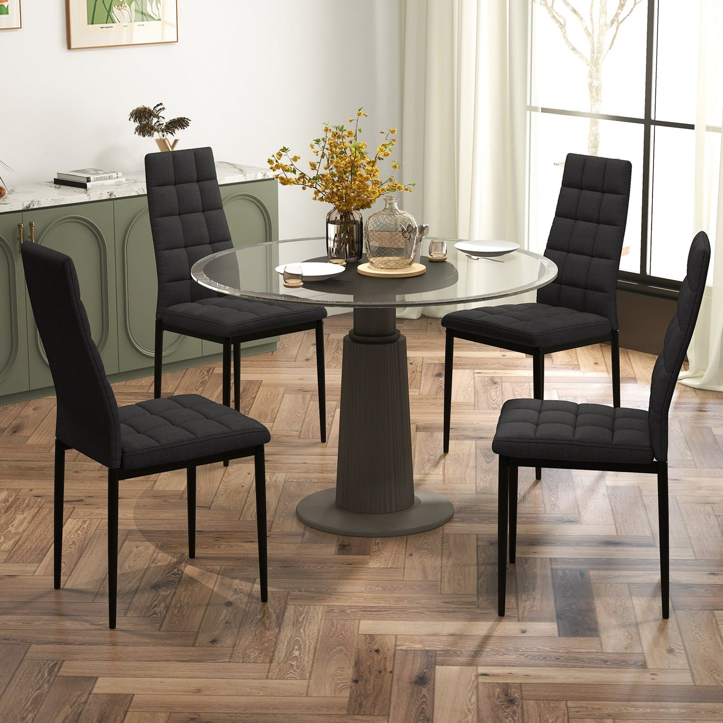 Juego de 4 sillas de comedor de tela con asiento tapizado y respaldo alto